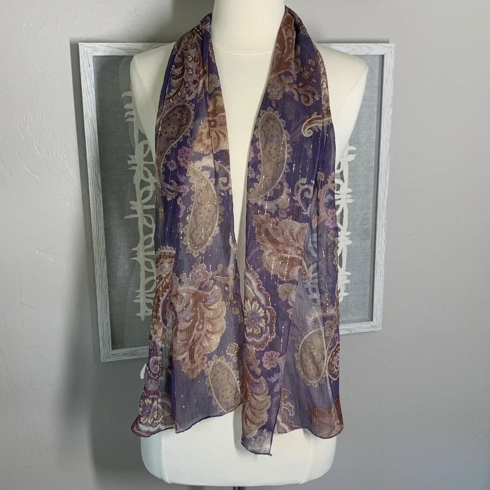 Echo silk scarf, purple with tan and ivory, paisley, print and metallic gold